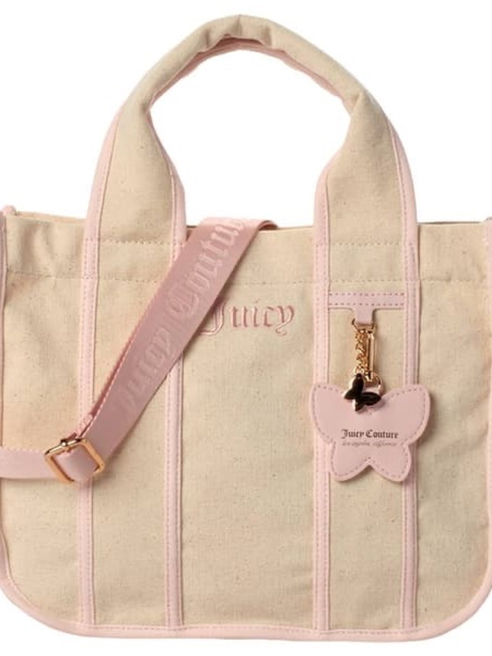 Juicy Couture Cream Canvas Tote with Pink Trim & Butterfly Charm